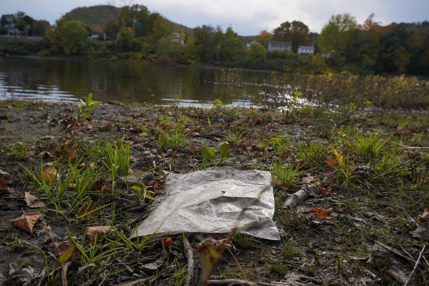 A plastic bag sits along the bank of the Delaware River. This type of plastic, made from low-density polyethylene, is one of the more difficult—if not impossible—types of plastic to recycle. Only 10 percent of four million tons of plastic bags, sacks and wraps were recycled in 2018.